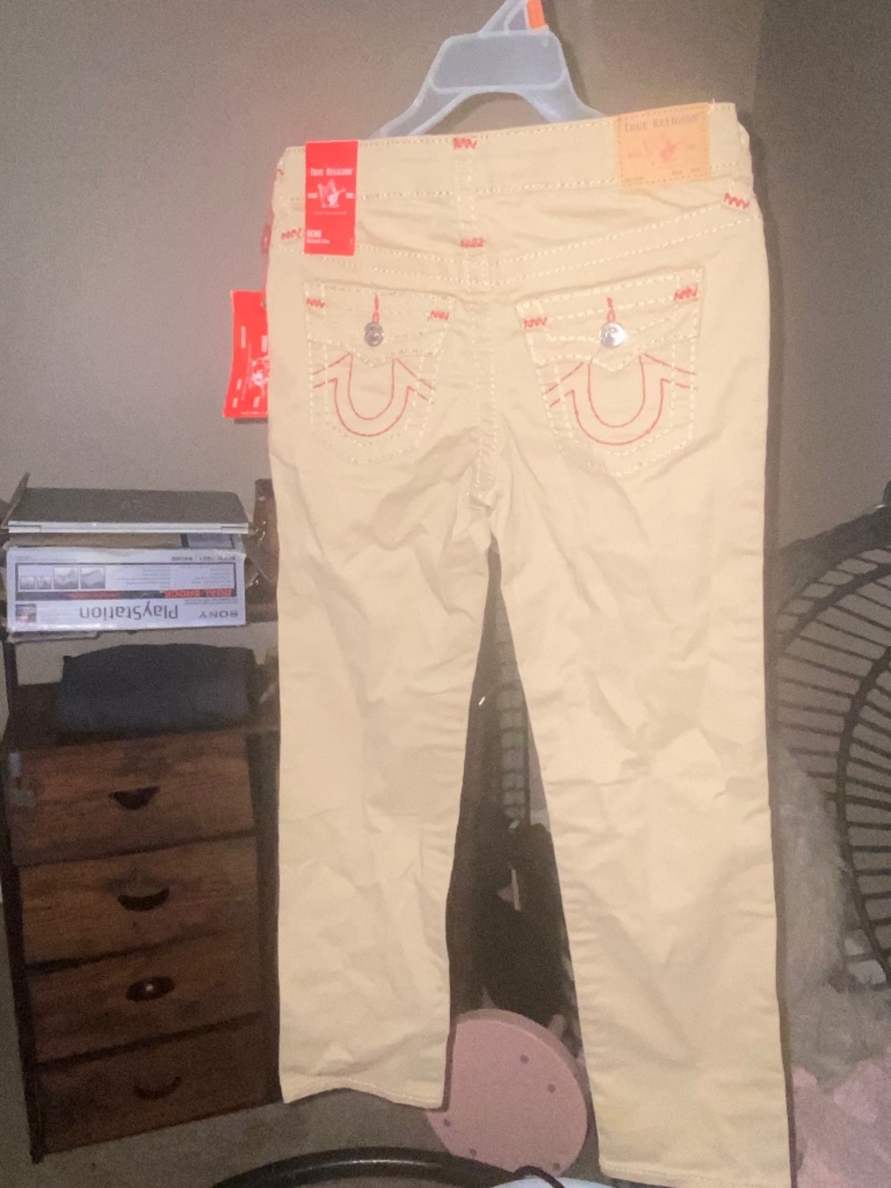 Kids true religion khaki pants with red stitching